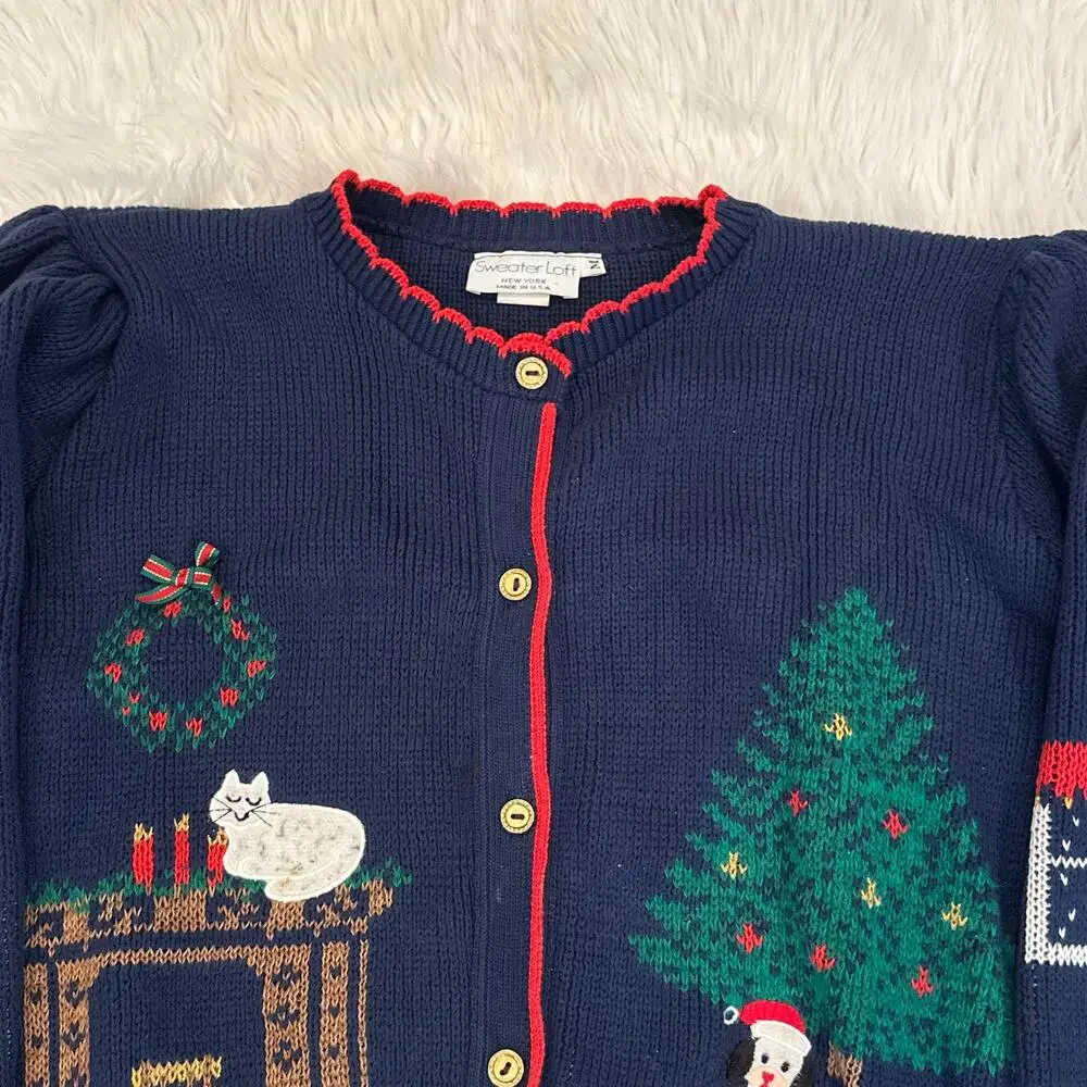 Vintage Christmas Cat Sweater Ugly Xmas Tree Dog Puff Sleeve Chunky Cardigan 90s - Picture 2 of 8